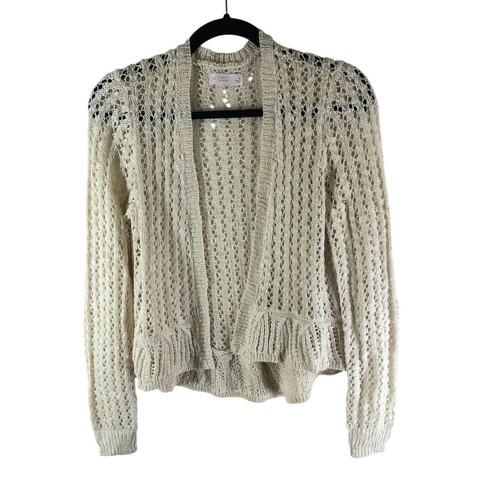 Lauren Conrad Ivory Open Crochet Knit Cardigan Sweater Ruffle Hem S